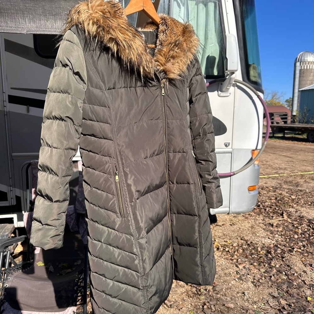 Cole Haan Down Puffer Coat Size‎ L Green Long Hood Lined Jacket Normcore Outdoor - Picture 6 of 15